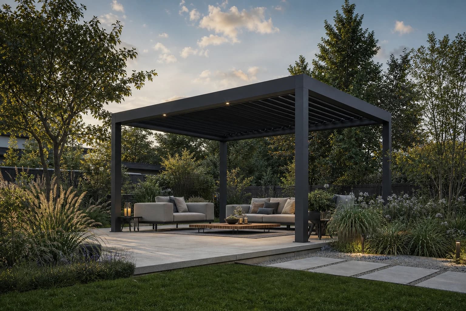 KI-Illustration: Freistehende Pergola mit Lounge in einem grünen Garten