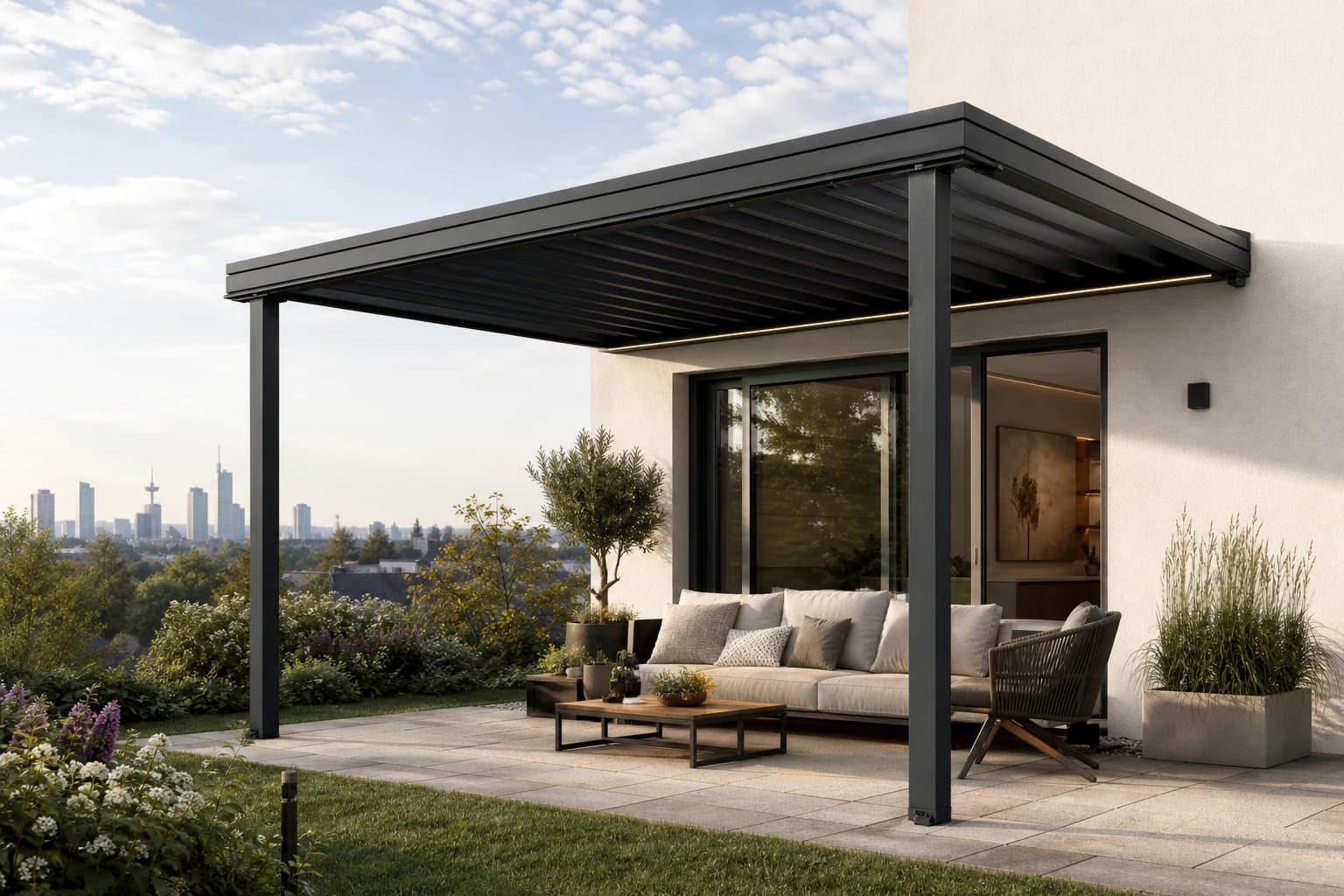 KI-Illustration: Anthrazitfarbene Pergola mit Sofa direkt an der Hauswand