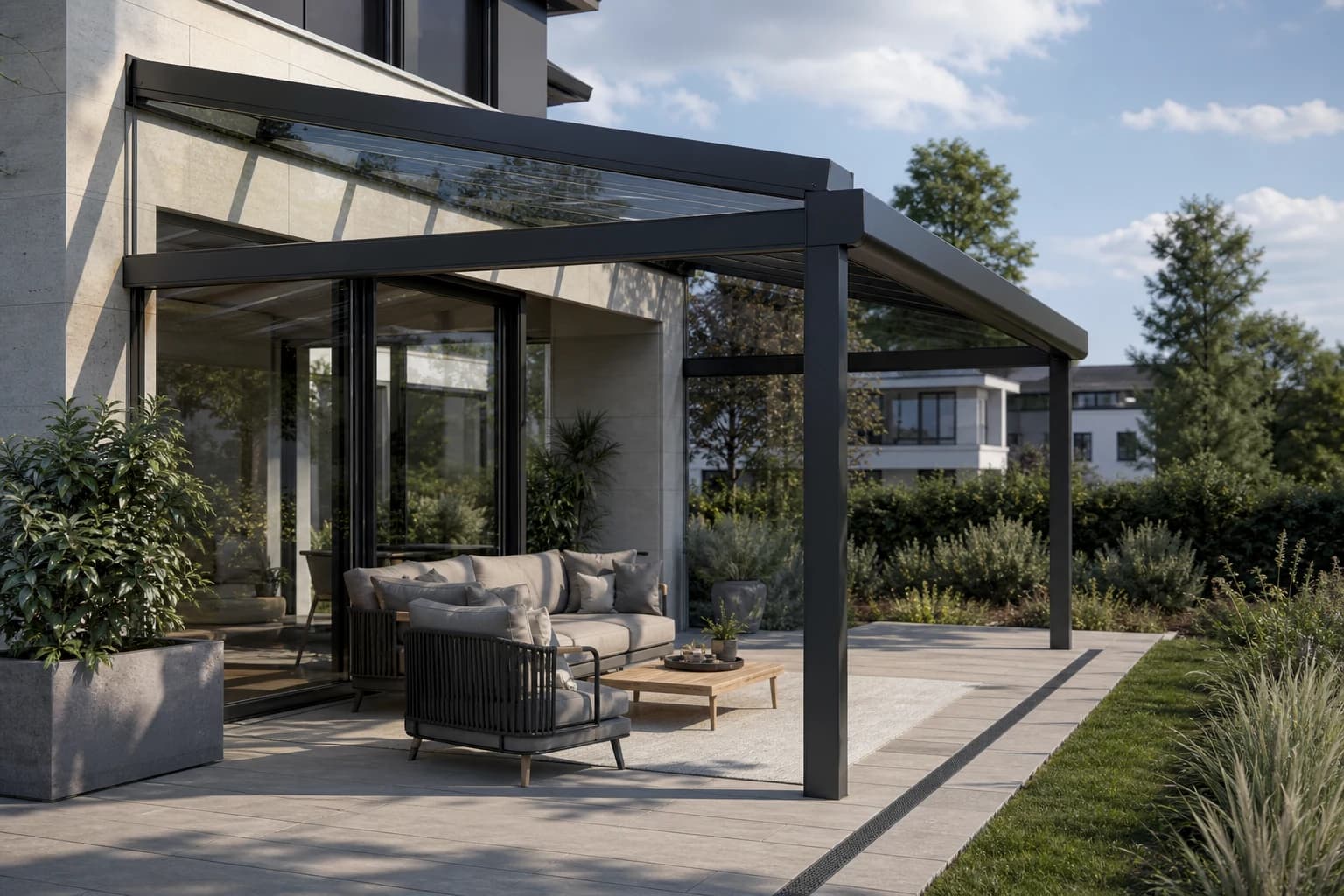 KI-Illustration: Transparentes Glasdach über einem Sitzplatz am Haus