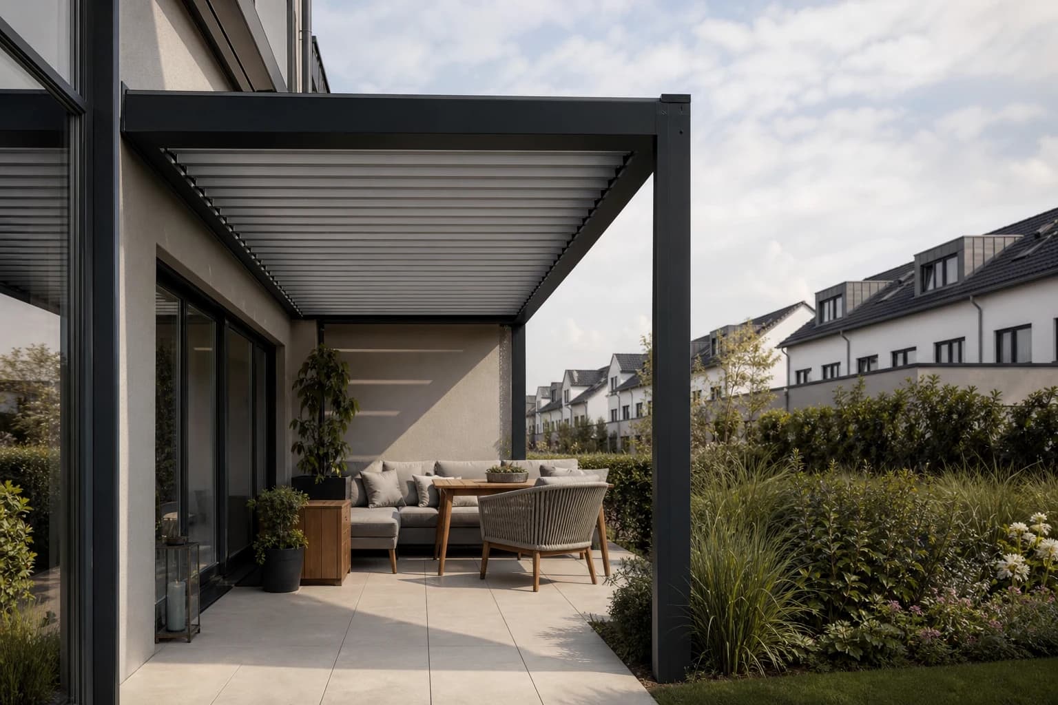 KI-Illustration: Schmale überdachte Terrasse an einem Reihenhaus