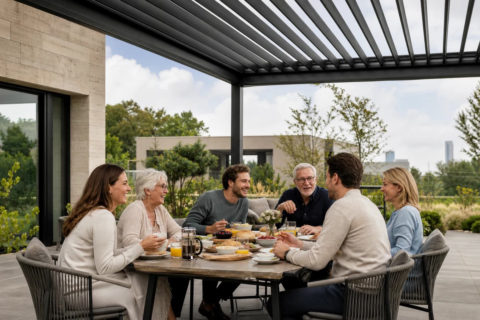 KI-Illustration: Gemeinsames Essen an einem großen Tisch unter einer Pergola